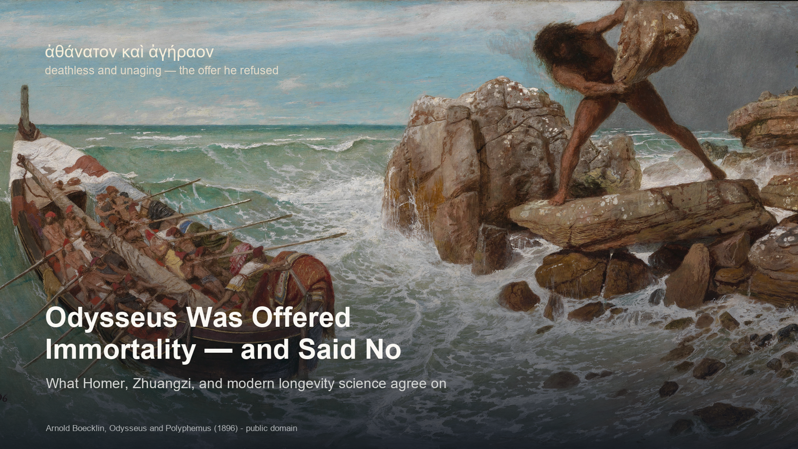 Arnold Boecklin's painting of Odysseus rowing past the giant Polyphemus hurling a rock