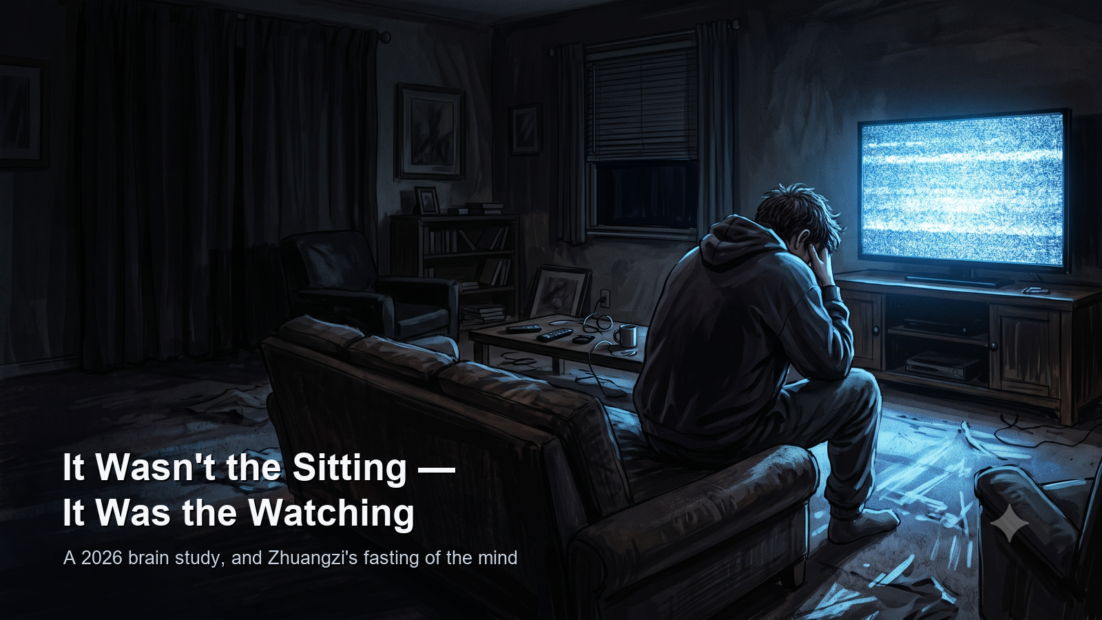 A weary person on a couch in a dark room lit only by TV static