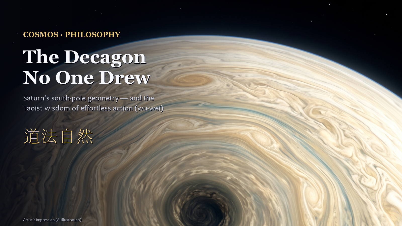 Saturn south pole polar vortex forming a decagon, artist impression